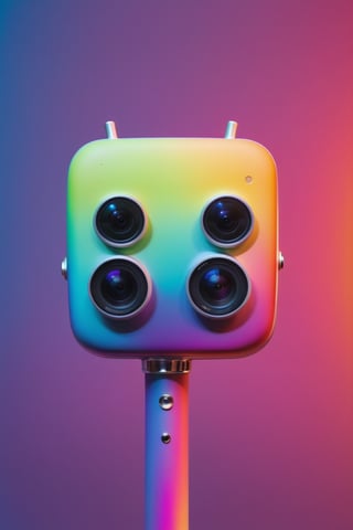 Design an alien embodiment of Instagram, with a square head and colorful gradient skin similar to the Instagram logo. The alien should have camera lens eyes and a selfie stick as an arm
