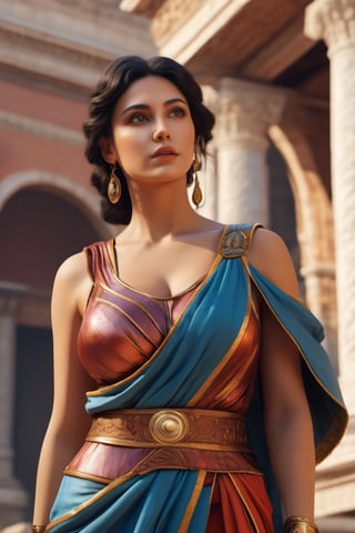 Photoreal of a Beautiful ancient rome woman, huge breasted, wide hips, full body shot, action shot, low-angle, shot from behind, vivid colors, octane render, unreal engine v5