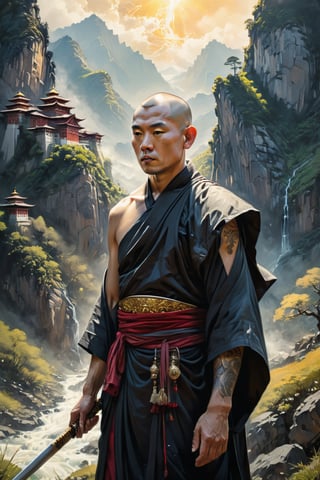 portrait, photorealistic of An ancient Buddhist warrior monk, dressed in traditional robes with protective gear, standing in a serene mountainous landscape with a monastery in the distance, muscular, masculine, seeBlack ink flow, masterpiece by Aaron Horkey and Jeremy Mann, fluid gouache painting by Jean Baptiste Mongue, masterpiece, best quality, Photorealistic, ultra-high resolution, photographic light, illustration by MSchiffer, fairytale, sunbeams, cinematic lighting, Hyper detailed, atmospheric, vibrant, dynamic studio lighting, wlop, Glenn Brown, Carne Griffiths, Alex Ross, artgerm and james jean, spotlight, fantasy, surreal, octane render, unreal engine v5