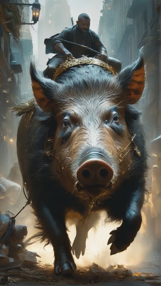 Babi Ngepet - A shapeshifter that turns into a boar to steal wealth from households, MASTERPIECE by Aaron Horkey and Jeremy Mann, sharp, masterpiece, best quality, Photorealistic, ultra-high resolution, photographic light, illustration by MSchiffer, Hyper detailed