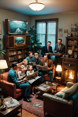 A cozy 1950s living room with a family gathered around a radio, with a father holding up a newspaper ad for Reddit that says, 'Discover Endless Conversations and Communities!', masterpiece by Aaron Horkey and Jeremy Mann, masterpiece, best quality, Photorealistic, ultra-high resolution, photographic light, illustration by MSchiffer, fairytale, Hyper detailed, octane render, unreal engine v5