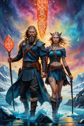 EternalDeath, Modern-day Viking couple, mythic, look at camera, (surrounded by glowing Nordic Runes:1.7), nordic hair and beard style, (weilding twin axes with glowing nordic symbols), a wolf is in the background, hdr, masterpiece, ultra realistic,Extremely Realistic, evokes fantasy and mythology, draped in enigmatic cloaks and ancient runes, ink and watercolor techniques blending background and figure, high contrast, chiaroscuro highlighting her mysterious essence, otherworldly creatures lurking, ultra fine details reflecting a mythological context,    Impasto Encaustic painting! Masterpiece, Magnificent Textures. Stylized Impasto Summerscape day. 3D Adorable cute tiny adorable fisherman's boat ornate, Warm complementary colors. detailed encaustic painting, deep color, fantastical, intricate detail, splash screen, complementary colors, fantasy concept art, 8k resolution CGSociety,impressionist painting, magic splash, fantasy art, watercolor effect, bokeh, digital painting, soft lighting, retro aesthetic, natural lighting, cinematic, masterpiece, highly detailed, intricate, extreme texture, octane render
