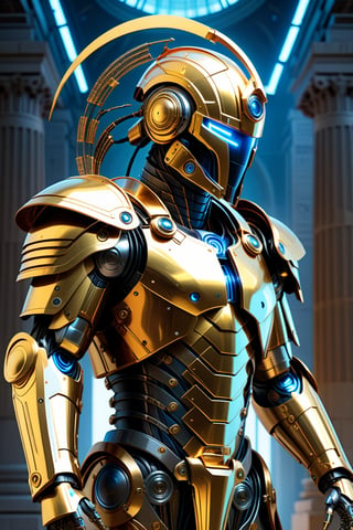 Illustrate ancient Greece as a powerful biopunk robot, resembling a cybernetic warrior with metallic armor and glowing circuitry. The robot should have elements inspired by Greek mythology, such as a robotic helmet of Athena and mechanical limbs resembling the columns of the Parthenon, masterpiece by Aaron Horkey and Jeremy Mann, masterpiece, Photorealistic, illustration by MSchiffer, octane render, unreal engine v5, high resolution, wlop, Glenn Brown, Carne Griffiths, Alex Ross, artgerm and james jean