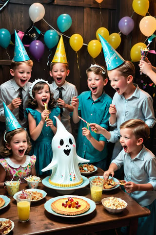 A playful 1950s kids' party with children wearing paper hats and blowing party horns, with a bright, retro Snapchat ghost logo and the caption, 'Snap Your Fun Times Instantly, masterpiece by Aaron Horkey and Jeremy Mann, masterpiece, best quality, Photorealistic, ultra-high resolution, photographic light, illustration by MSchiffer, fairytale, Hyper detailed, octane render, unreal engine v5
