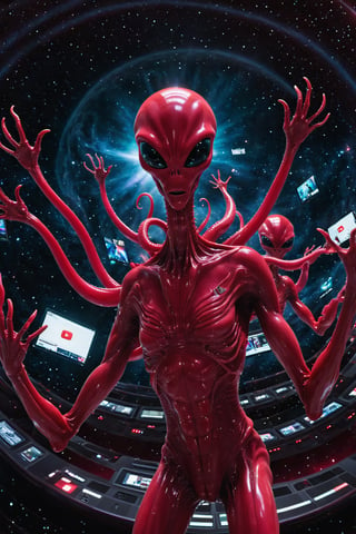 Generate an alien depiction of YouTube, a red-hued, multi-screened alien with a face that displays various video thumbnails, tentacle-like arms holding holographic play buttons, set in a vast, interstellar theater