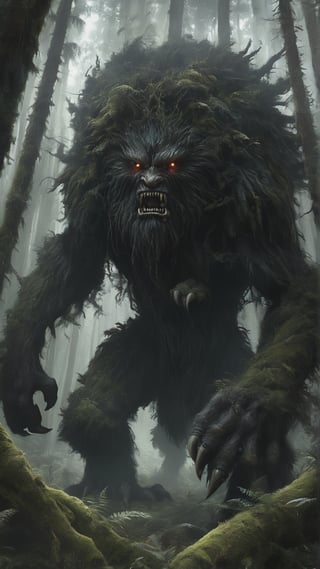 Spain: The Basajaun - a giant, hairy humanoid with fierce eyes and sharp claws, protector of the forests. Illustrate it lurking in a dense, dark forest, with a menacing presence and glimpses of frightened travelers, MASTERPIECE by Aaron Horkey and Jeremy Mann, sharp, masterpiece, best quality, Photorealistic, ultra-high resolution, photographic light, illustration by MSchiffer, Hyper detailed