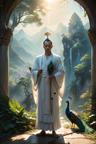 portrait, photorealistic of A tranquil and austere figure dressed in simple white robes, holding a peacock feather broom and a manuscript. He stands in a serene landscape with a Jain temple and sacred mountains, symbolizing non-violence and spiritual purity, masterpiece by Aaron Horkey and Jeremy Mann, masterpiece, best quality, Photorealistic, ultra-high resolution, photographic light, illustration by MSchiffer, fairytale, sunbeams, cinematic lighting, Hyper detailed, atmospheric, vibrant, dynamic studio lighting, wlop, Glenn Brown, Carne Griffiths, Alex Ross, artgerm and james jean, spotlight, fantasy, surreal, octane render, unreal engine v5