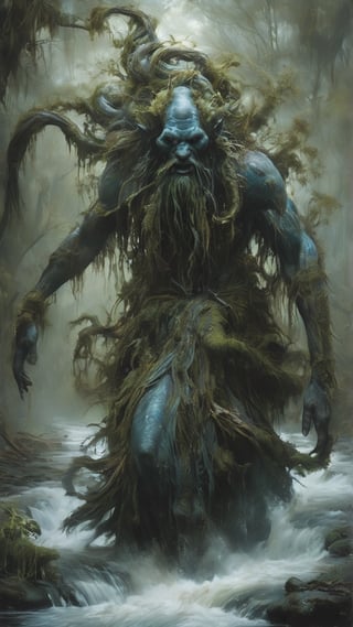Antu Banyu - A water spirit that drags people into rivers or swamps, MASTERPIECE by Aaron Horkey and Jeremy Mann, sharp, masterpiece, best quality, Photorealistic, ultra-high resolution, photographic light, illustration by MSchiffer, Hyper detailed