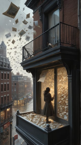 A windy afternoon scene with a woman looking out of her window, watching as small pieces of paper and souvenirs are carried away by the wind, symbolizing the scattering of memories

, MASTERPIECE by Aaron Horkey and Jeremy Mann, sharp, masterpiece, best quality, Photorealistic, ultra-high resolution, photographic light, Hyper detailed, hyper realistic,BugCraft,Apoloniasxmasbox