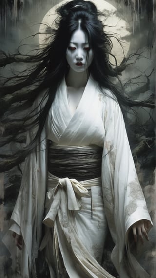 Japan: A haunting Yurei, a ghostly apparition with long, disheveled black hair, pale skin, and tattered white burial kimono, emerging from the shadows with a chilling wail, MASTERPIECE by Aaron Horkey and Jeremy Mann, sharp, masterpiece, best quality, Photorealistic, ultra-high resolution, photographic light, illustration by MSchiffer, Hyper detailed