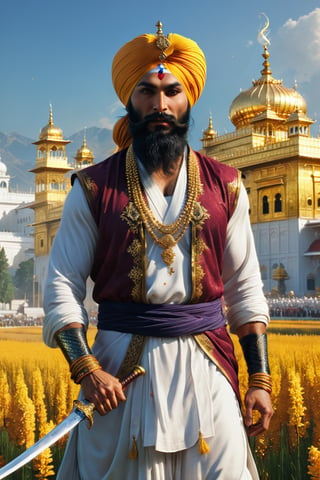 portrait, photorealistic of A noble and strong character wearing a turban and traditional Sikh warrior attire, holding a kirpan (ceremonial sword). He stands in a vibrant field with the Golden Temple in the background, symbolizing courage and faith, masterpiece by Aaron Horkey and Jeremy Mann, masterpiece, best quality, Photorealistic, ultra-high resolution, photographic light, illustration by MSchiffer, fairytale, sunbeams, cinematic lighting, Hyper detailed, atmospheric, vibrant, dynamic studio lighting, wlop, Glenn Brown, Carne Griffiths, Alex Ross, artgerm and james jean, spotlight, fantasy, surreal, octane render, unreal engine v5