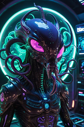 Design an alien version of Discord, a futuristic, multi-headed alien with digital displays for faces, each displaying different chat icons, and tentacles resembling audio waves, set in a cyberpunk, neon-lit space station