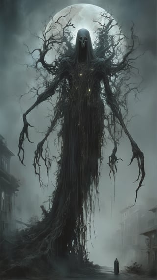Beguganjang - A tall ghost with long limbs that appears at night and preys on people’s fear, MASTERPIECE by Aaron Horkey and Jeremy Mann, sharp, masterpiece, best quality, Photorealistic, ultra-high resolution, photographic light, illustration by MSchiffer, Hyper detailed