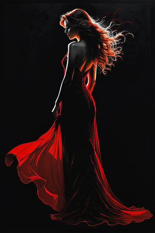 Poster, close-up, Full body, Shadow art, red outline drawing on a dark black background, Red outline silhouette, flowing hair, silhouette of a beautiful young woman, 
perfect physique, slender graceful forms, charming modesty, perfection in a tight black silk dress, resolution 8k, Side view, Shadows, Mysterious,
style of Jean Baptiste Monge, Thomas Kinkade, David Palumbo, Carne Griffiths.