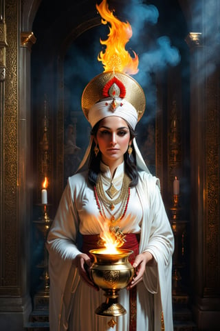 portrait, photorealistic of A dignified figure dressed in traditional Zoroastrian garments, holding a flame or a fire urn. She stands in a temple with a sacred fire altar and the Faravahar symbol in the background, symbolizing purity and truth, masterpiece by Aaron Horkey and Jeremy Mann, masterpiece, best quality, Photorealistic, ultra-high resolution, photographic light, illustration by MSchiffer, fairytale, sunbeams, cinematic lighting, Hyper detailed, atmospheric, vibrant, dynamic studio lighting, wlop, Glenn Brown, Carne Griffiths, Alex Ross, artgerm and james jean, spotlight, fantasy, surreal, octane render, unreal engine v5