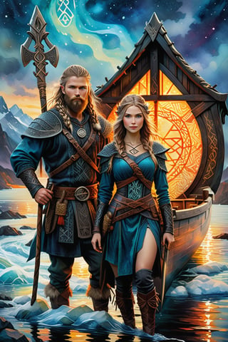 EternalDeath, Modern-day Viking couple, mythic, look at camera, (surrounded by glowing Nordic Runes:1.7), nordic hair and beard style, (weilding twin axes with glowing nordic symbols), a wolf is in the background, hdr, masterpiece, ultra realistic,Extremely Realistic, evokes fantasy and mythology, draped in enigmatic cloaks and ancient runes, ink and watercolor techniques blending background and figure, high contrast, chiaroscuro highlighting her mysterious essence, otherworldly creatures lurking, ultra fine details reflecting a mythological context,    Impasto Encaustic painting! Masterpiece, Magnificent Textures. Stylized Impasto Summerscape day. 3D Adorable cute tiny adorable fisherman's boat ornate, Warm complementary colors. detailed encaustic painting, deep color, fantastical, intricate detail, splash screen, complementary colors, fantasy concept art, 8k resolution CGSociety,impressionist painting, magic splash, fantasy art, watercolor effect, bokeh, digital painting, soft lighting, retro aesthetic, natural lighting, cinematic, masterpiece, highly detailed, intricate, extreme texture, octane render