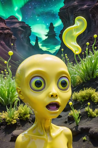 Portray Snapchat as an alien entity, a playful, yellow-skinned alien with large, expressive eyes and a ghostly, ethereal body, set against a surreal, otherworldly landscape filled with disappearing holographic messages