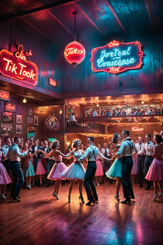 A lively 1950s dance hall with young couples dancing and a vibrant neon TikTok sign, with the tagline, 'Join the Dance Craze - Share Your Moves on TikTok, masterpiece by Aaron Horkey and Jeremy Mann, masterpiece, best quality, Photorealistic, ultra-high resolution, photographic light, illustration by MSchiffer, fairytale, Hyper detailed, octane render, unreal engine v5