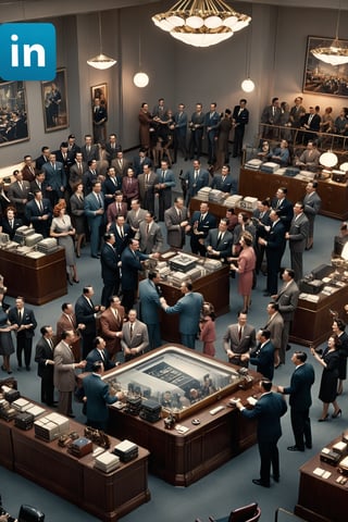 A bustling 1950s office with well-dressed professionals shaking hands, with a banner in the background reading, 'Build Your Career Network on LinkedIn, masterpiece by Aaron Horkey and Jeremy Mann, masterpiece, best quality, Photorealistic, ultra-high resolution, photographic light, illustration by MSchiffer, fairytale, Hyper detailed, octane render, unreal engine v5