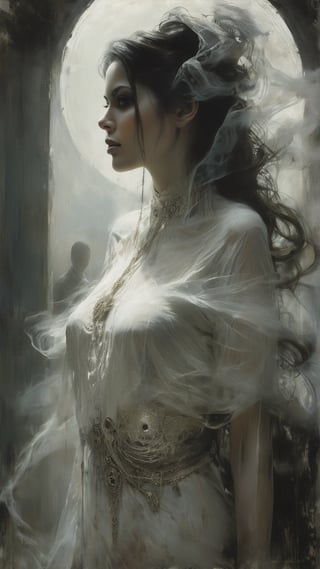 Sundel Bolong - A female ghost with a hole in her back, haunting men who wronged women, MASTERPIECE by Aaron Horkey and Jeremy Mann, sharp, masterpiece, best quality, Photorealistic, ultra-high resolution, photographic light, illustration by MSchiffer, Hyper detailed