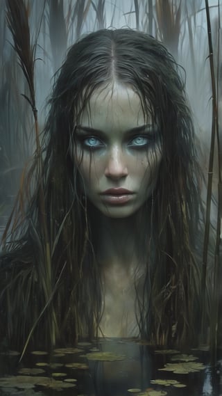 Belarus: The Dziwożona - a swamp-dwelling spirit with a beautiful yet haunting appearance, long wet hair, and piercing eyes. Depict her in a dark, misty swamp, surrounded by reeds and eerie, glowing lights, MASTERPIECE by Aaron Horkey and Jeremy Mann, sharp, masterpiece, best quality, Photorealistic, ultra-high resolution, photographic light, illustration by MSchiffer, Hyper detailed
