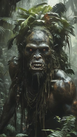 Karapao - A cannibalistic spirit that lives in the jungle, hunting for human flesh,

MASTERPIECE by Aaron Horkey and Jeremy Mann, sharp, masterpiece, best quality, Photorealistic, ultra-high resolution, photographic light, illustration by MSchiffer, Hyper detailed
