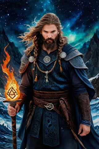 EternalDeath, Modern-day Viking, mythic, look at camera, (surrounded by glowing Nordic Runes:1.7), nordic hair and beard style, (weilding twin axes with glowing nordic symbols), a wolf is in the background, hdr, masterpiece, ultra realistic,Extremely Realistic, evokes fantasy and mythology, draped in enigmatic cloaks and ancient runes, ink and watercolor techniques blending background and figure, high contrast, chiaroscuro highlighting her mysterious essence, otherworldly creatures lurking, ultra fine details reflecting a mythological context, Impasto Encaustic painting! Masterpiece, Magnificent Textures. Stylized Impasto Summerscape day. 3D Adorable cute tiny adorable fisherman's boat ornate, Warm complementary colors. detailed encaustic painting, deep color, fantastical, intricate detail, splash screen, complementary colors, fantasy concept art, 8k resolution CGSociety,impressionist painting, magic splash, fantasy art, watercolor effect, bokeh, digital painting, soft lighting, retro aesthetic, natural lighting, cinematic, masterpiece, highly detailed, intricate, extreme texture, octane render