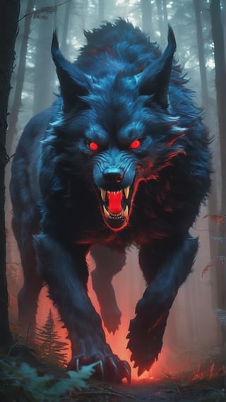 Ukraine: The Vovkulaka - a werewolf-like creature with a ferocious, lupine form, glowing red eyes, and sharp fangs. Set it in a misty, moonlit forest, with traces of its latest hunt nearby, MASTERPIECE by Aaron Horkey and Jeremy Mann, sharp, masterpiece, best quality, Photorealistic, ultra-high resolution, photographic light, illustration by MSchiffer, Hyper detailed