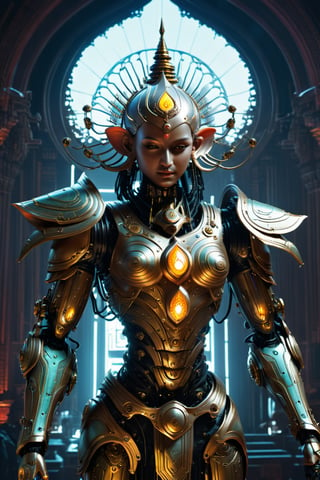 Design ancient India as a powerful biopunk robot, resembling a cybernetic deity with glowing circuitry and mechanical limbs. The robot should have elements inspired by Indian culture and architecture, such as the Lotus Temple integrated into its design and digitalized Sanskrit patterns, masterpiece by Aaron Horkey and Jeremy Mann, masterpiece, Photorealistic, illustration by MSchiffer, octane render, unreal engine v5, high resolution, wlop, Glenn Brown, Carne Griffiths, Alex Ross, artgerm and james jean