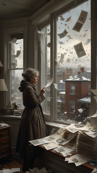 A windy afternoon scene with a woman looking out of her window, watching as small pieces of paper and souvenirs are carried away by the wind, symbolizing the scattering of memories

, MASTERPIECE by Aaron Horkey and Jeremy Mann, sharp, masterpiece, best quality, Photorealistic, ultra-high resolution, photographic light, Hyper detailed, hyper realistic,BugCraft