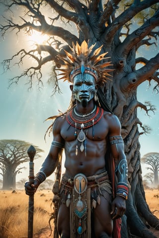 portrait, photorealistic of A powerful and mystical figure adorned with tribal jewelry and garments, holding a ceremonial staff and wearing a mask. He stands in a savannah with ancestral totems and a sacred baobab tree, symbolizing spiritual wisdom and connection to nature, masterpiece by Aaron Horkey and Jeremy Mann, masterpiece, best quality, Photorealistic, ultra-high resolution, photographic light, illustration by MSchiffer, fairytale, sunbeams, cinematic lighting, Hyper detailed, atmospheric, vibrant, dynamic studio lighting, wlop, Glenn Brown, Carne Griffiths, Alex Ross, artgerm and james jean, spotlight, fantasy, surreal, octane render, unreal engine v5