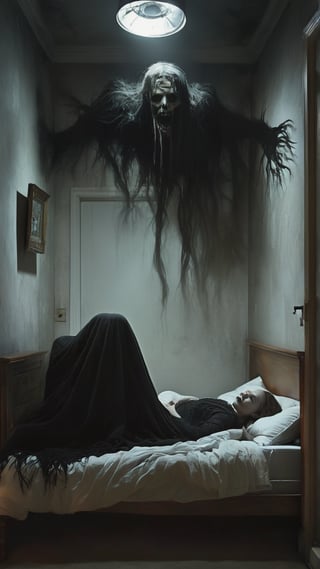 Croatia: The Mora - a nightmarish spirit that causes sleep paralysis, depicted as a shadowy, ghostly figure with a terrifying presence. Illustrate it in a dark, claustrophobic bedroom, with a sleeping victim and an oppressive, suffocating atmosphere, MASTERPIECE by Aaron Horkey and Jeremy Mann, sharp, masterpiece, best quality, Photorealistic, ultra-high resolution, photographic light, illustration by MSchiffer, Hyper detailed