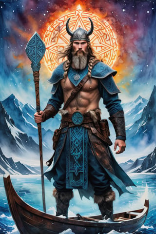 EternalDeath, Modern-day Viking, mythic, look at camera, (surrounded by glowing Nordic Runes:1.7), nordic hair and beard style, (weilding twin axes with glowing nordic symbols), a wolf is in the background, hdr, masterpiece, ultra realistic,Extremely Realistic, evokes fantasy and mythology, draped in enigmatic cloaks and ancient runes, ink and watercolor techniques blending background and figure, high contrast, chiaroscuro highlighting her mysterious essence, otherworldly creatures lurking, ultra fine details reflecting a mythological context, Impasto Encaustic painting! Masterpiece, Magnificent Textures. Stylized Impasto Summerscape day. 3D Adorable cute tiny adorable fisherman's boat ornate, Warm complementary colors. detailed encaustic painting, deep color, fantastical, intricate detail, splash screen, complementary colors, fantasy concept art, 8k resolution CGSociety,impressionist painting, magic splash, fantasy art, watercolor effect, bokeh, digital painting, soft lighting, retro aesthetic, natural lighting, cinematic, masterpiece, highly detailed, intricate, extreme texture, octane render