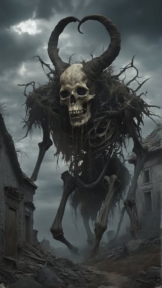 Serbia: The Čuma - a plague demon with a terrifying, skeletal appearance, carrying an aura of death and disease. Illustrate it in a desolate village or ancient ruin, with an ominous, dark sky and a sense of dread, MASTERPIECE by Aaron Horkey and Jeremy Mann, sharp, masterpiece, best quality, Photorealistic, ultra-high resolution, photographic light, illustration by MSchiffer, Hyper detailed