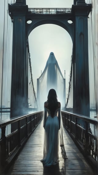 Si Manis Jembatan Ancol - The ghost of a beautiful woman haunting the Ancol Bridge area, MASTERPIECE by Aaron Horkey and Jeremy Mann, sharp, masterpiece, best quality, Photorealistic, ultra-high resolution, photographic light, illustration by MSchiffer, Hyper detailed