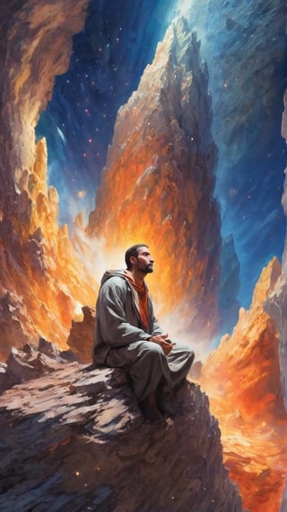 Awakened man sitting meditation in 5th dimension world, climbing the asteroid, character render, ultra high quality model, ethereal background, abstract beauty, explosive volumetric, oil painting, heavy strokes, paint dripping, 1 man, magic lighting, enlightenment lighting,
