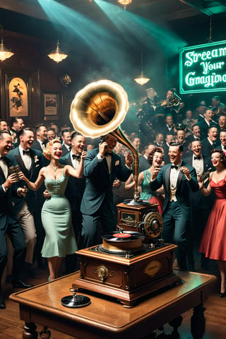 A lively 1950s dance party with a gramophone playing music and a Spotify banner, with the slogan, 'Stream Your Favorite Tunes Anytime!', masterpiece by Aaron Horkey and Jeremy Mann, masterpiece, best quality, Photorealistic, ultra-high resolution, photographic light, illustration by MSchiffer, fairytale, Hyper detailed, octane render, unreal engine v5