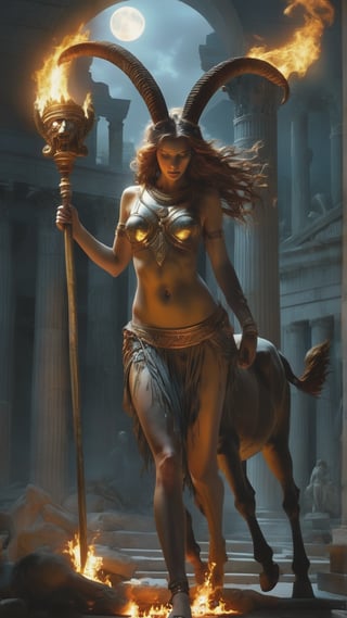 Greece: The Empusa - a shape-shifting demoness with a leg of bronze and a leg of a donkey, and flaming hair. Set her in an ancient, moonlit Greek temple, surrounded by eerie, flickering shadows and petrified victims, MASTERPIECE by Aaron Horkey and Jeremy Mann, sharp, masterpiece, best quality, Photorealistic, ultra-high resolution, photographic light, illustration by MSchiffer, Hyper detailed
