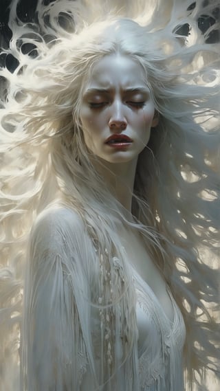 Kuntilanak - A vengeful female spirit dressed in white with long hair, often seen weeping, MASTERPIECE by Aaron Horkey and Jeremy Mann, sharp, masterpiece, best quality, Photorealistic, ultra-high resolution, photographic light, illustration by MSchiffer, Hyper detailed
