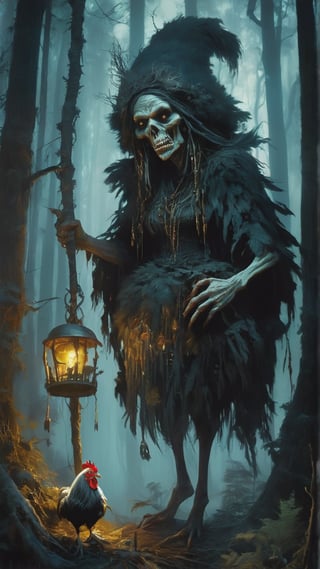 Russia: The Baba Yaga - a fearsome witch with a hag-like appearance, long, bony fingers, and iron teeth. Place her in a dark, dense forest, with her hut standing on chicken legs, surrounded by eerie, glowing lights, MASTERPIECE by Aaron Horkey and Jeremy Mann, sharp, masterpiece, best quality, Photorealistic, ultra-high resolution, photographic light, illustration by MSchiffer, Hyper detailed