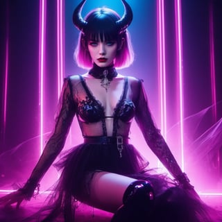 pale demon girl, (prismatic coloring, holographic vibe, chromatic:1.2) black lace transparent blouse, under transparent clothes you can see firm breasts, massive dog collar, elegant shoes and wide fishnet stockings, full body, full body in frame, full length, gothic nightclub background, neon pink lights, dark, gloomy, very dark, dim neon light, in the background there are small leather sofas illuminated from below with neon, breasts visible, (long straight horns:1.2), looks at you as a victim of his sexual pleasures, dark anime,donmcr33pyn1ghtm4r3xl