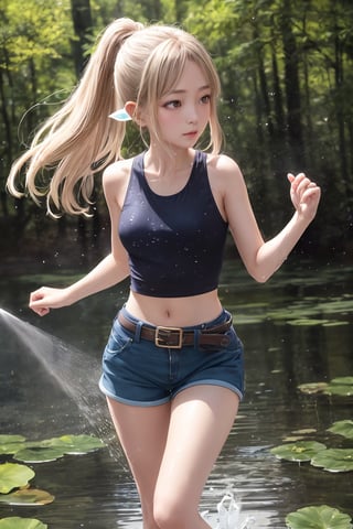 (best quality, masterpiece), 1girl, elf, small wind, pond, deep forest, looking away, blurry background, dynamic angle, flying dust, particles, sparkles, many belts, green eyes, long golden hair, dinamic pose, action pose, butterflies, shorts, beautiful figure, thin waist, short cyan tank top, belt in leg, water drops, water spray, wet through, sarashi