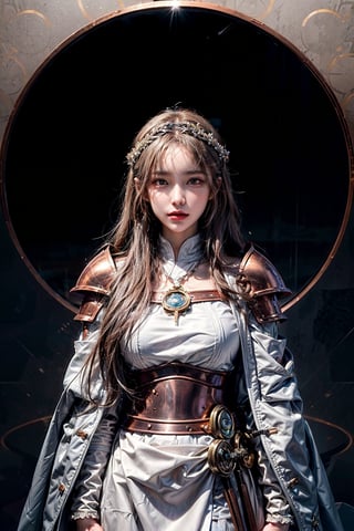 Female Paladin wearing white gold Chain Shirt Armor with Moonlit Edges , Copper Alchemist Robe with Transmutation Circles: Transmutation circles are intricately woven into the fabric, representing alchemical knowledge, (Tallow,Vessel color background:1.3), kisara,mecha musume,kongming suit,feh