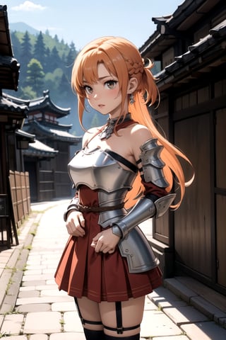 centered, award winning photography, | Yuuki Asuna, french braid, asymmetrical bangs, strapless armored dress, red pleated skirt, arm armor, breastplate, hip armor, garter strap, thighhighs, standing on old cobblestone street of Kyoto, Yasaka pagoda in the background, distant mountain, | cowboy shot, | bokeh, depth of field, | asuna yuuki ,asuna yuuki