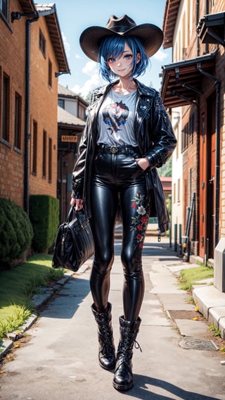 A 20yo woman, wearing a white T-shirt, black leather coat with embroidery, long brown leather pants, black leather boots, Blue eyes, blue hair, messy hair, short hair, straight hair, hair with bangs in front of the eyes, cowboy hat, looking at the viewer, in the fantasy farm village,  16k, UHD, best possible quality, ultra-detailed, best possible resolution, Unreal Engine 5, professional photography, well-detailed fingers, well-detailed hand, perfect_hands, JaspionQuiron character, full body:1.5,  light smile,