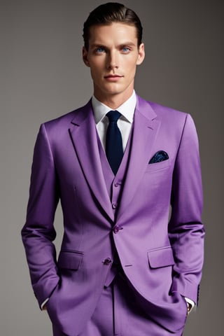 a tall man with intense blue eyes, smiling. Masculine features, clean shave, wearing a purple suit named Rafael