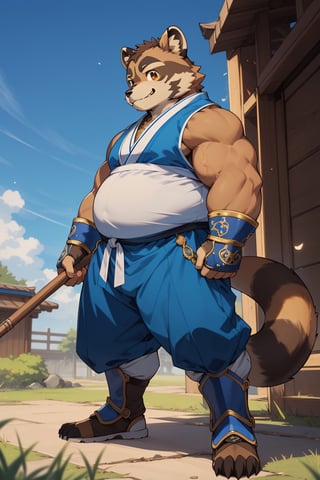 ((1male, fighter, long pants, solo)), (((chubby, belly, bara stocky:1.3, short))), (round_face, thick eyebrows), soft smile, (tanuki, raccoon boy), full body shot, (wrist cuffs), ((brown fur, blue monk clothes)), (((shin guards))), (front_view), (chubby_face:0.8), male focus, ((idle stance, dynamic angle)), best quality, masterpiece, intricate details, Anime, nj5furry