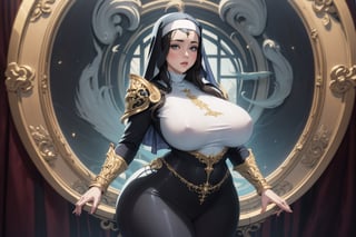 illustration of a milf nun wearing ((a full suit of ornate fantasy armor)), (thicc, curvy figure, huge breasts, wide hips), 2d fantasy illustration with an art nouveau background, dramatic lighting, celestial theme, milfication, mature,