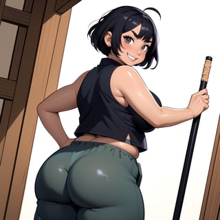 masterpiece, best quality, (mature female, plump, curvy figure, wide hips, thicc, large breasts), ((short)), (short hair, tomboy), black hair, thick eyebrows, ((tan, dark skin)), martial artist, (((hip vent, japanese clothes, dougi, baggy pants))), fingerless gloves, (clothes around waist, sports-bra), happy, smiling, looking at viewer, blushing, ((action pose, dynamic angle)), from behind, manga style illustration,