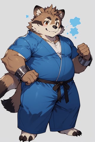 ((1male, fighter, long pants, solo)), (chubby:1.0, bara stocky:1.3, short, round_face, thick eyebrows, soft smile), (tanuku, raccoon boy), full body shot, (wrist cuffs), ((brown fur, blue clothes)), (front_view), (chubby_face:0.8), male focus, fighting stance, best quality, masterpiece, intricate details, Anime,nj5furry